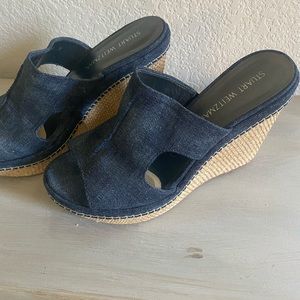 Stuart Weitzman ponte navy antique denim wedges